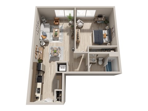 Floor plan for 1 bed, 1 bath, 855 sqft